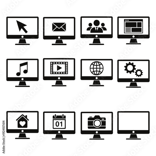 A collection of computer monitors displaying various icons and symbols