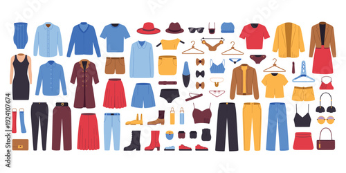 Assortment of colorful flat design clothing and accessories for women and men Keywords: clothing, fashion, apparel, garments
