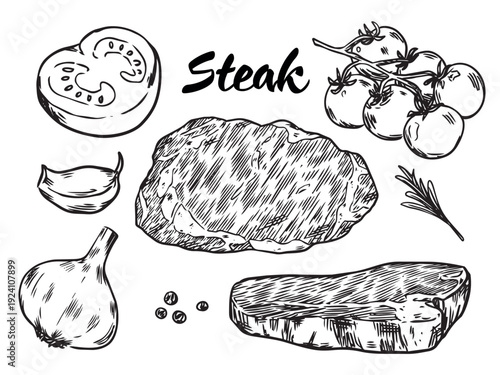 Set of hand drawn Steak meat and cooking ingredients outline drawing illustration