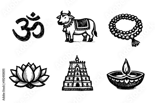 Hindu symbols sketch icon collection in black. Set of six hinduism icons in doodle style