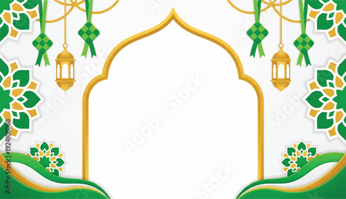 Islamic Ramadan and Eid Greeting Frame with Mosque Silhouette