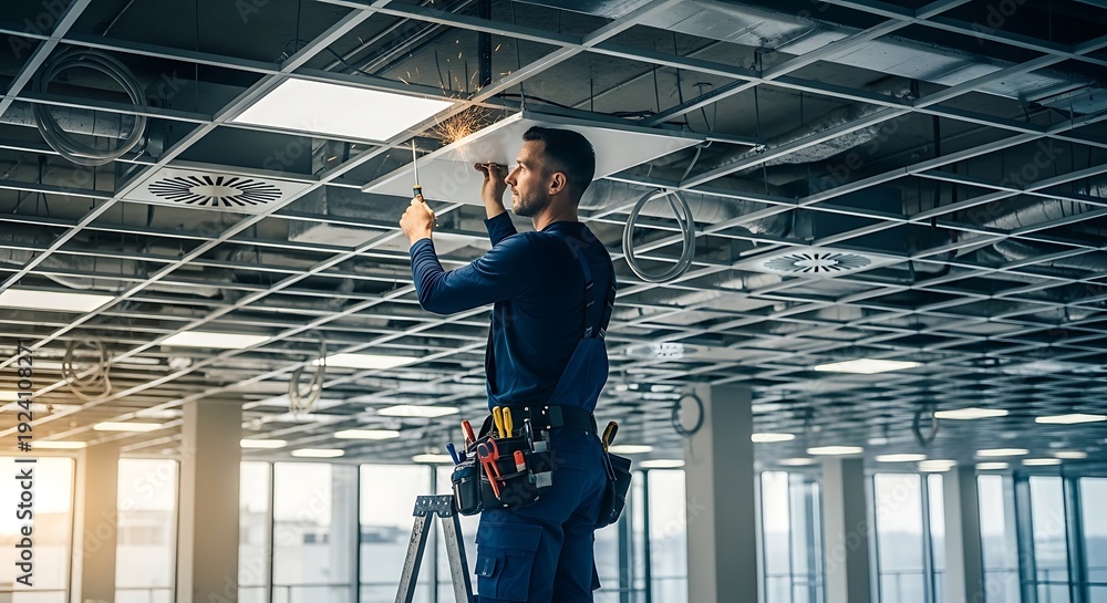 Fototapeta premium Professional Electrician Installing LED Panel Light in Modern Office Drop Ceiling, Maintenance Technician Working on Commercial Building Infrastructure