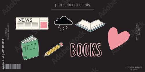 Pop stickers vector set, books reading newspaper cloud heart icons