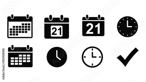 A set of black and white icons for calendar, clock, and schedule isolated on white background, Vector