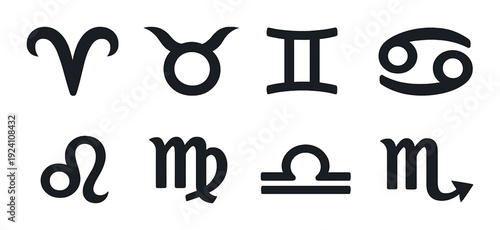 Zodiac symbols arranged in two rows on dark gray background