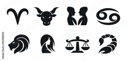 Zodiac sign silhouettes arranged in grid on dark textured background