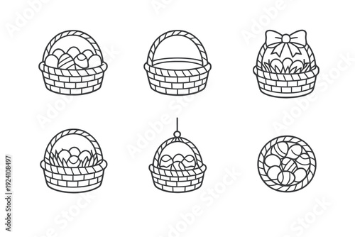 Spring basket icon pack in linear style. Monochromatic Easter vector set perfect for greeting cards, holiday promotions and festive design projects.