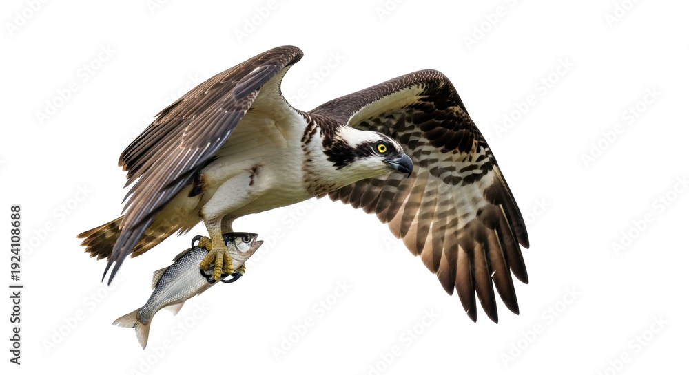 Obraz premium Isolated Osprey with fish in talons soaring in the sky, bird of prey, hunting in nature
