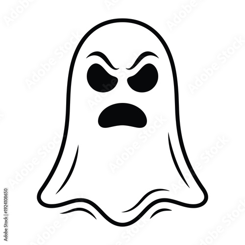 Frightening cartoon ghost with an angry menacing expression conveying fear and halloween spirit isolated on a clean white background with bold black outline perfect for spooky