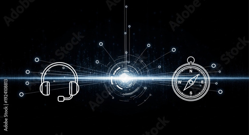 Digital technology abstract with headphones and compass.
