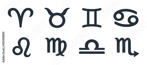 Zodiac symbols arranged in two row grid on dark background