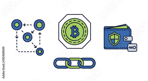 Digital currency icons representing blockchain technology and cryptocurrency wallet.