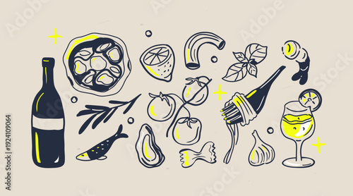Hand drawn Mediterranean summer collection. Food and wine vector illustration.