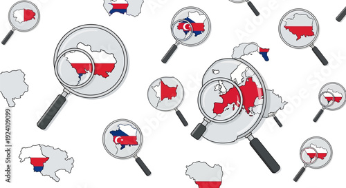 Magnifying glasses examining maps with red highlighted areas.