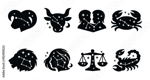 Zodiac sign silhouettes showing constellations on dark background