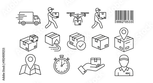 Delivery Service Icons Set With Truck Drone and Package.