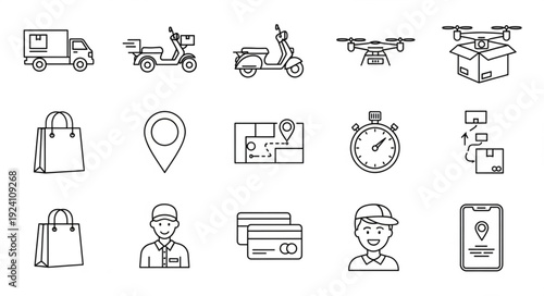 Delivery service icons set for logistics and shipping business.