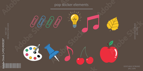 Pop stickers vector set, cute lightbulb music cherry apple icons