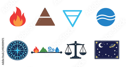 Element and astrology symbols displayed on dark gradient background