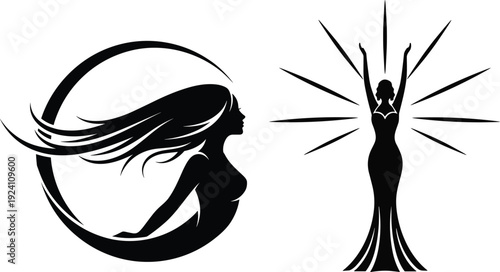 Elegant female silhouettes with crescent moon and radiant gown design representing empowerment, beauty, feminine energy, spirituality, and artistic celebration