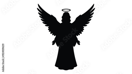 A black silhouette of an angel with wings and a halo isolated on white background, Vector