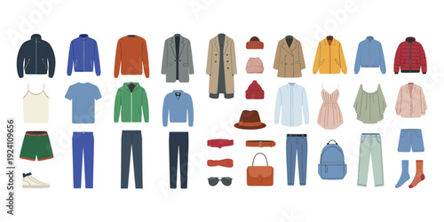 Assortment of men's and women's clothing and accessories laid out in a flat lay style Keywords: clothing, apparel, fashion