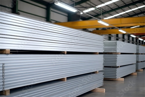 Stack of metal sheets in industrial warehouse. Manufacturing material storage