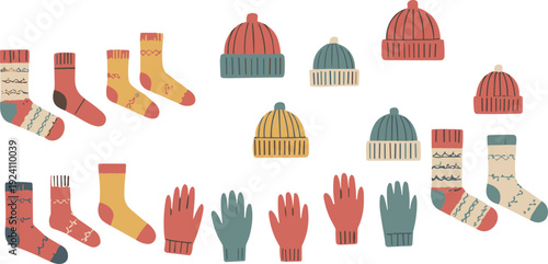 Assortment of Winter Accessories Including Hats, Gloves, and Socks clothing apparel