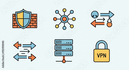 Cybersecurity Icons Representing Network Security and Data Protection.