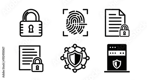 Cyber Security Icons Set Featuring Lock Fingerprint Document Server Shield.