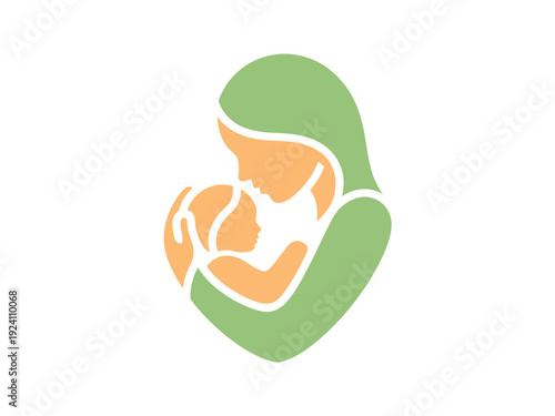 Minimalist abstract logo depicts a mother cradling her baby in a tender, nurturing gesture using soft green and peach tones.