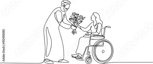 Single continuous line drawing Arab male and disabled female in wheelchair. Man give bouquet of flower to woman. Caregiver, family moral support. one line Icon drawing