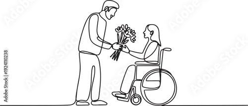 Single continuous line drawing Arab male and disabled female in wheelchair. Man give bouquet of flower to woman. Caregiver, family moral support. one line Icon drawing
