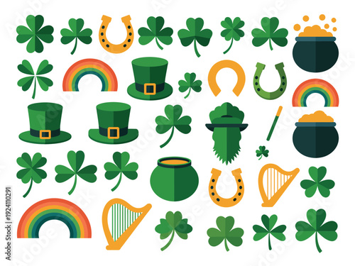 Assortment of St. Patrick's Day themed icons featuring hats, harps, rainbows, and gold treasures on white.