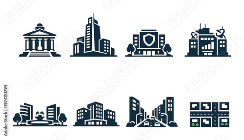 City and institutional building icons on dark monochrome background