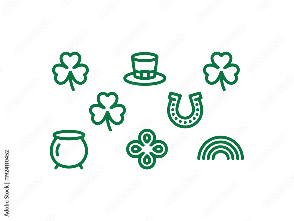 Fototapeta premium Collection of small green line icons featuring a pot of gold, horseshoe, and shamrocks relates to Irish celebration motifs.