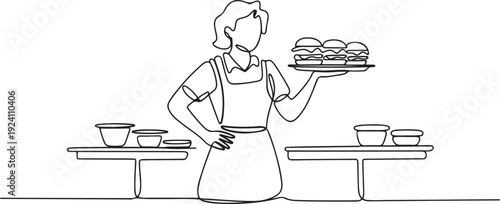 Single one line drawing the waitress wearing yellow apron, both hands holding a tray of burgers. Serving food in the school canteen. School Lunch Hero Day. one line Icon drawing