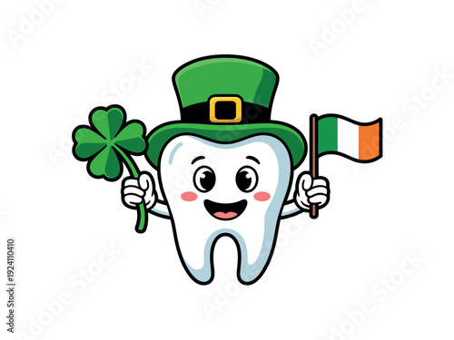 Cheerful cartoon molar character waves an Irish flag while wearing a festive green top hat for a holiday greeting.