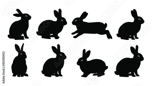 A group of seven black rabbit silhouettes on a white background isolated on white background, Vector