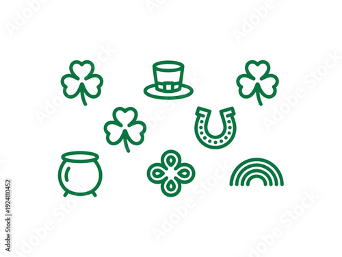 Collection of small green line icons featuring a pot of gold, horseshoe, and shamrocks relates to Irish celebration motifs.