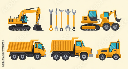 Construction vehicles and tools illustration set.