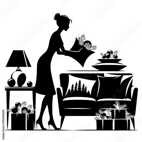 Woman decorating cozy living room with Christmas gifts and greenery