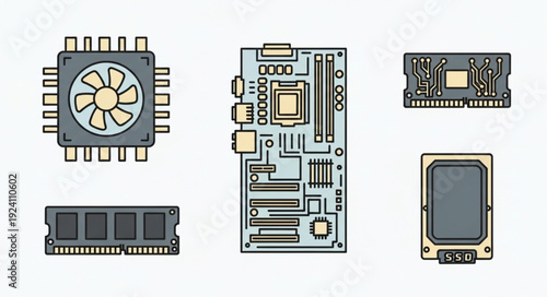 Computer Components Collection Vector Illustration.