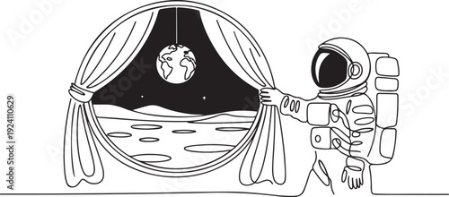 Single continuous line drawing young astronaut opening window curtains in moon surface. Wake up and open curtain in morning to get fresh air. one line Icon drawing