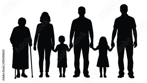 A family of six standing together in silhouette isolated on white background, Vector