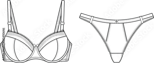 Black and white line art illustration of a bra and thong lingerie set Keywords: bra, thong, lingerie, underwear, set, fashion