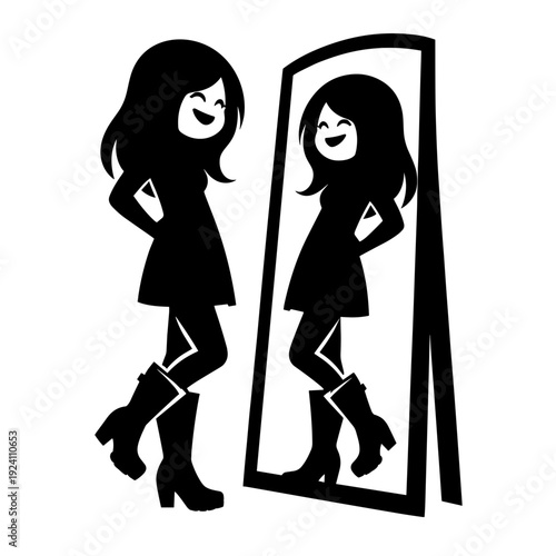 Woman smiling while checking reflection in tall mirror