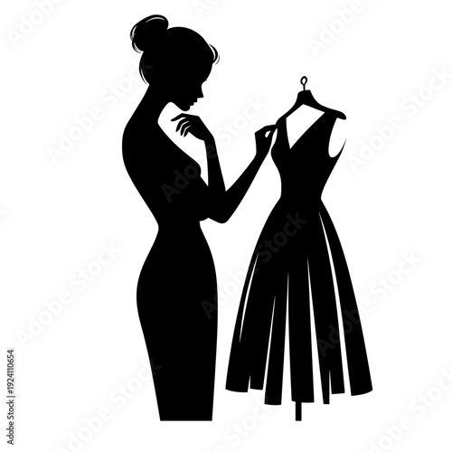 Woman examining elegant gown on hanger
