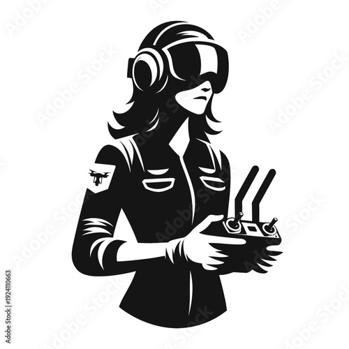 Female pilot flying drone with VR headset