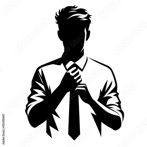 man adjusting tie, black and white, business iconography